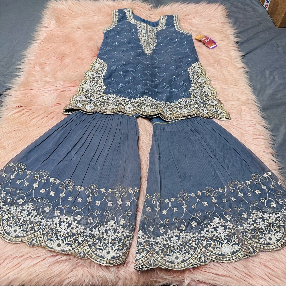Charming Embroidered Kids Dress Set in Blue